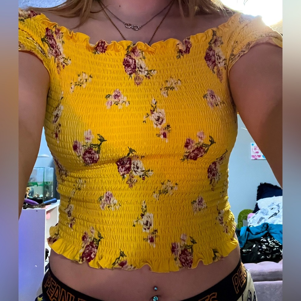 Large yellow crop top with pink flowers